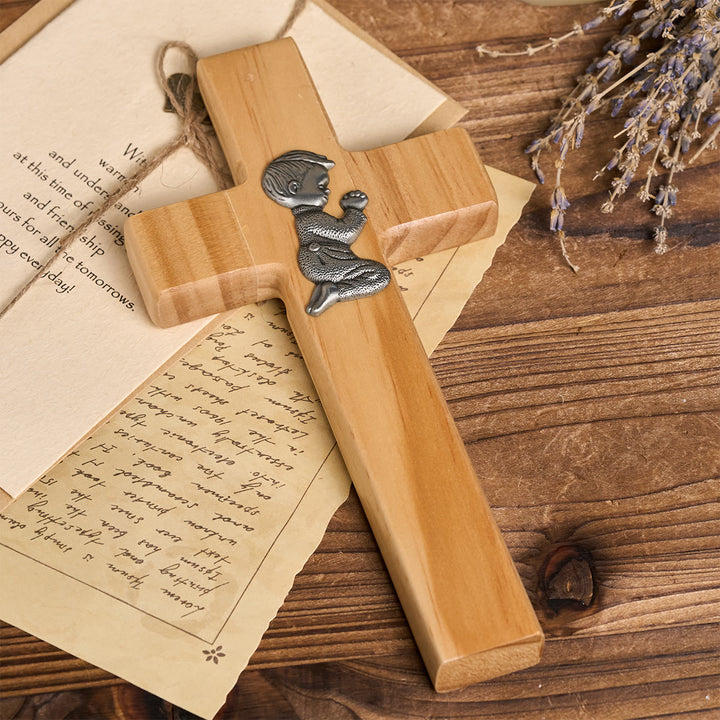 Christianartworkshop Holzkreuz als Tischdekoration: Andacht & Glaube aus der Kindheit - Kreuz mit Junge - image 1