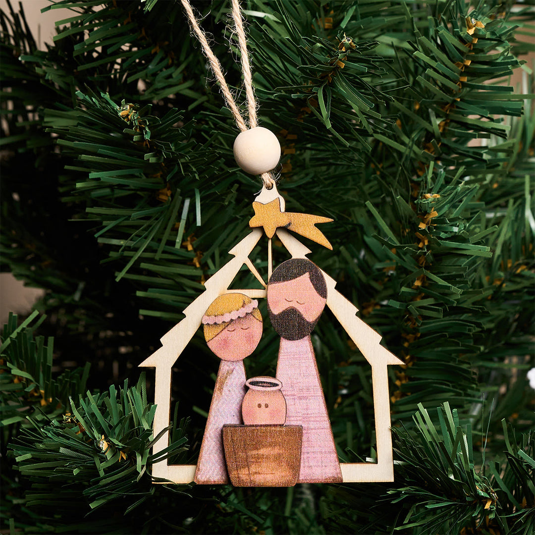 Christianartworkshop 3D-Hängeornamente der Heiligen Familie aus Holz: Glaube und verspielter Weihnachtsgeist - Heilige Familie - image 0