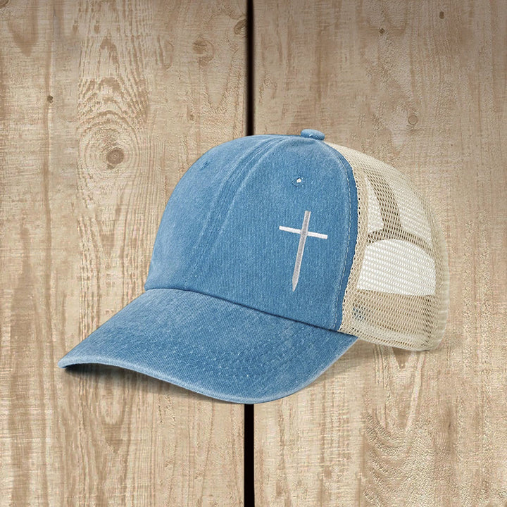 Christianartworkshop Trucker-Cap mit Kreuzstickerei: Stilvoller Ausdruck von Glauben und Spiritualität - Lake Blue - image 3