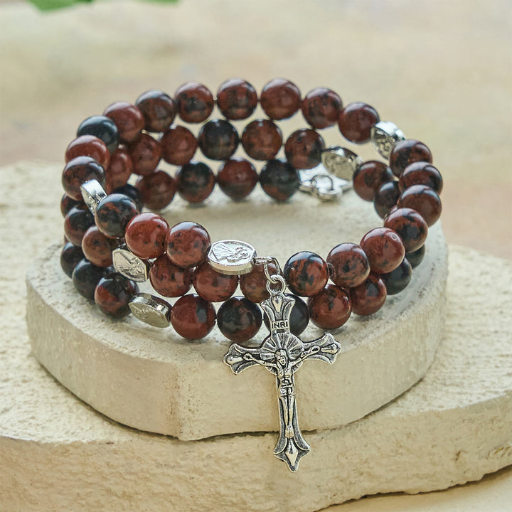 Christianartworkshop Rosenkranzarmband aus natürlichem Mahagoni-Obsidian-Memory-Draht mit Jesusmotiv - image 2
