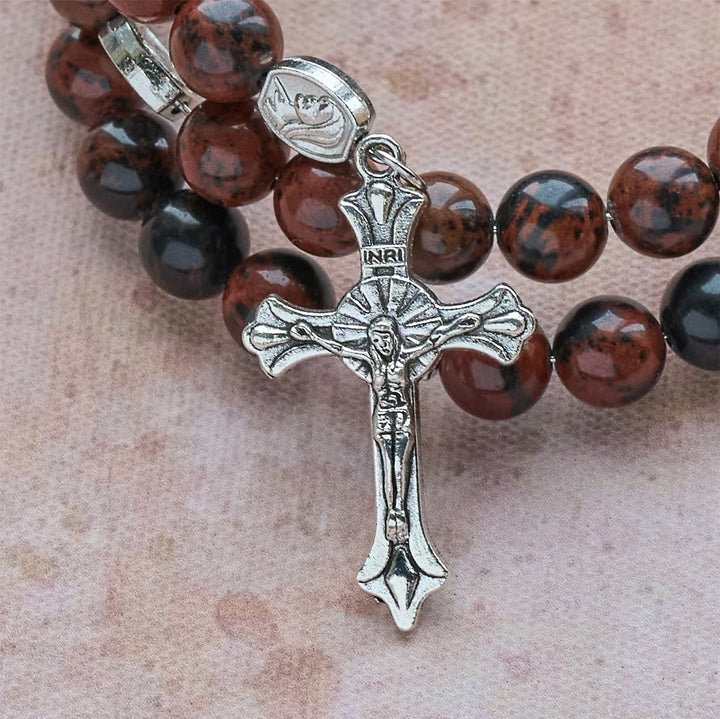 Christianartworkshop Rosenkranzarmband aus natürlichem Mahagoni-Obsidian-Memory-Draht mit Jesusmotiv - image 8