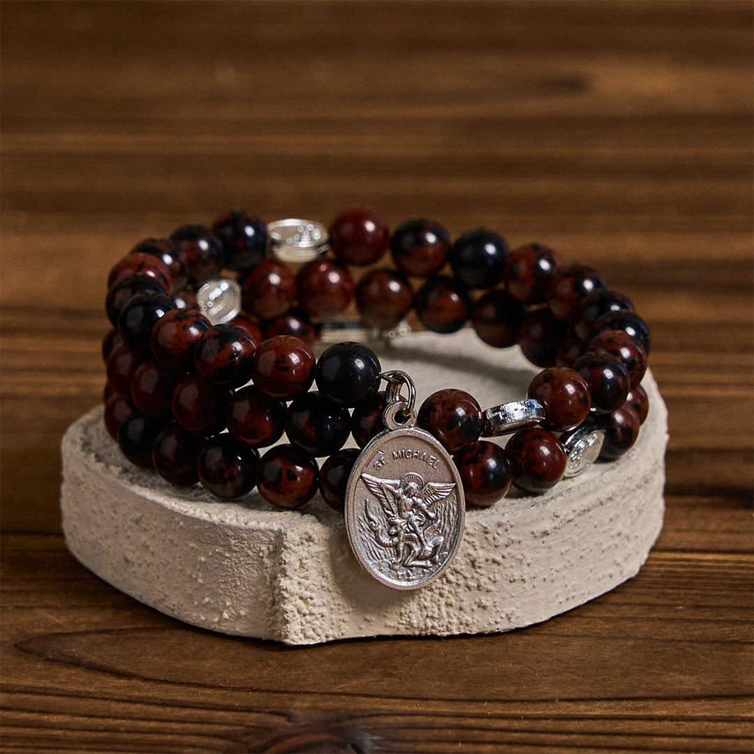 Christianartworkshop Rosenkranzarmband aus natürlichem Mahagoni-Obsidian-Memory-Draht mit Jesusmotiv - image 5