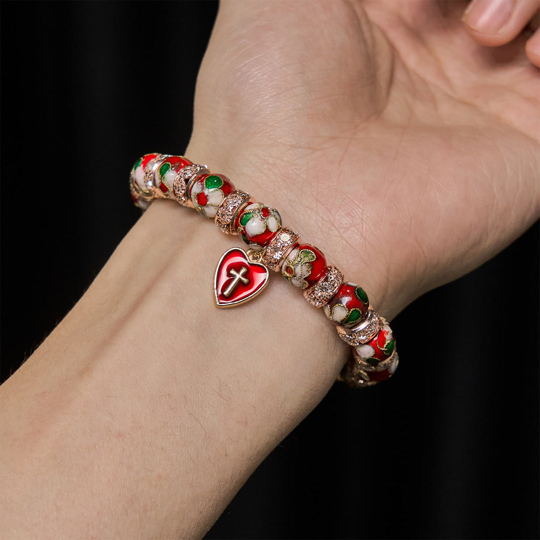 Christianartworkshop Emaille-Armband mit roten Perlen und Kreuz-Herz-Anhänger - image 1