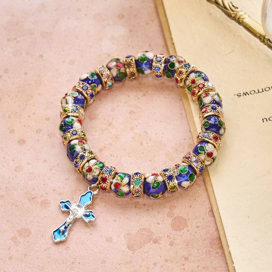 Christianartworkshop Detailliertes blaues Cloisonné-Perlenarmband mit Kruzifix - Handgelenkumfang: 8,86 Zoll / 22,5 cm - image 0