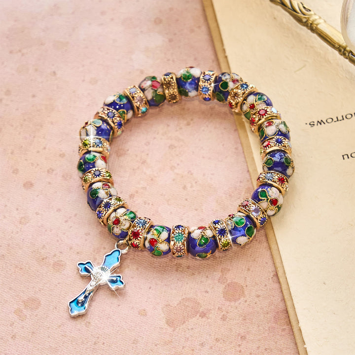 Christianartworkshop Detailliertes blaues Cloisonné-Perlenarmband mit Kruzifix - Handgelenkumfang: 8,86 Zoll / 22,5 cm - image 0