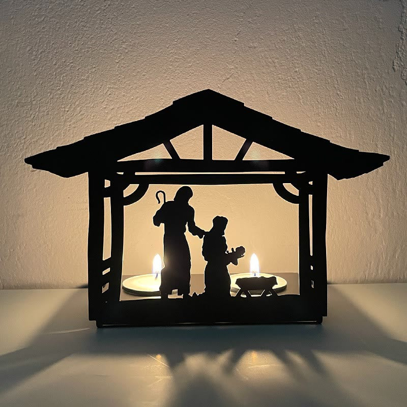 Christianartworkshop Kerzenhalter in Form einer Krippe aus Eisen: Leuchtende Krippenszene & Weihnachtsdekoration - Metall-Kerzenständer-5 - image 4