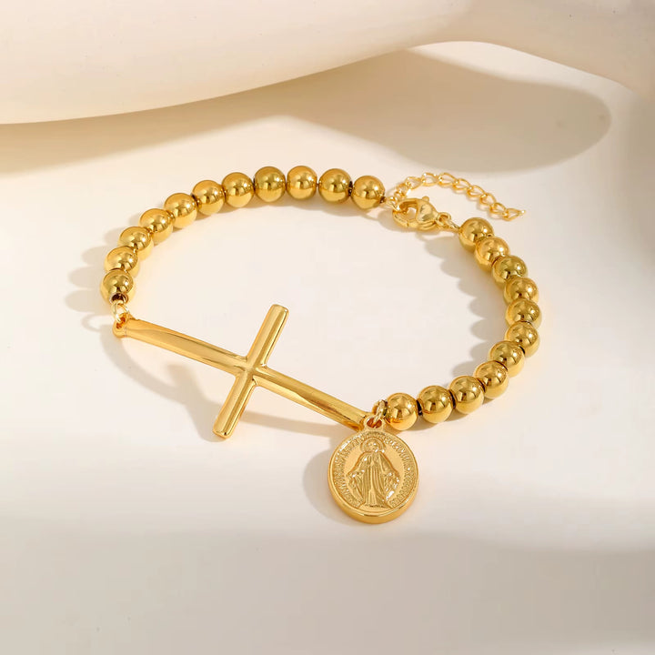 Christianartworkshop Kreuz- und Marienarmband: Spirituelles Symbol mit polierter Eleganz - Golden - image 3