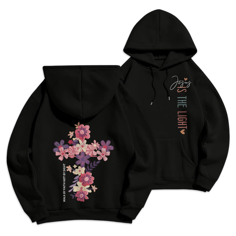 Christianartworkshop Jesus ist das Licht Blumenkreuz Glaube Fleecegefütterter Polyester-Hoodie - Schwarz - 2XL - image 21
