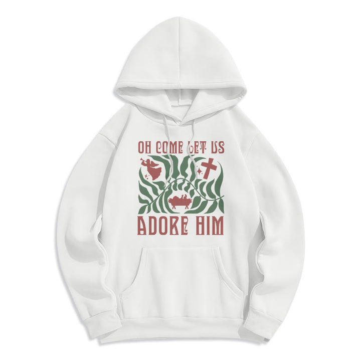Christianartworkshop Oh Come Let Us Adore Him Christmas Tree Faith Fleece Lined Polyester Hoodie - Weiß - 2XL - image 6