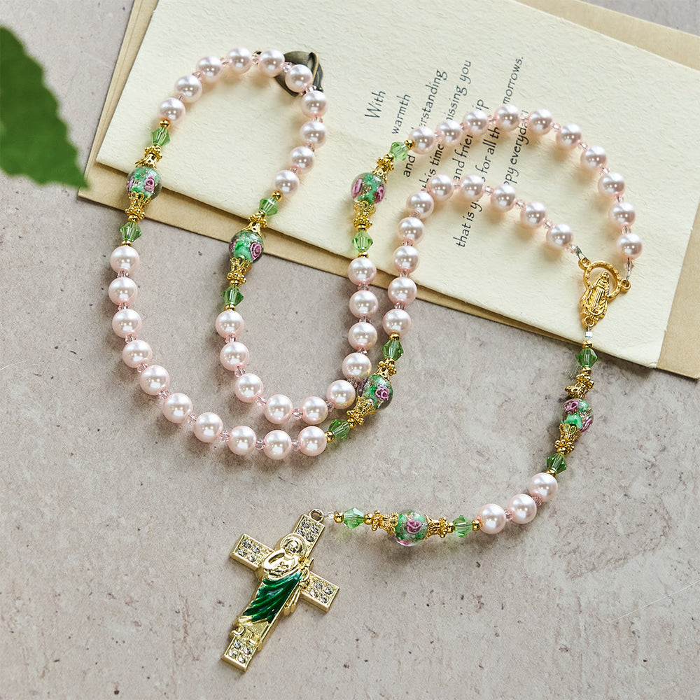 Christianartworkshop Rosenkranz „Himmlisch rosa Perlen“ zur Andacht über den Heiligen Judas mit floralen Perlen der heiligen Gnade - image 1