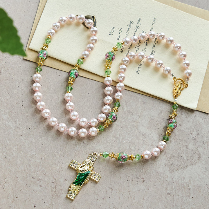 Christianartworkshop Rosenkranz „Himmlisch rosa Perlen“ zur Andacht über den Heiligen Judas mit floralen Perlen der heiligen Gnade - image 1