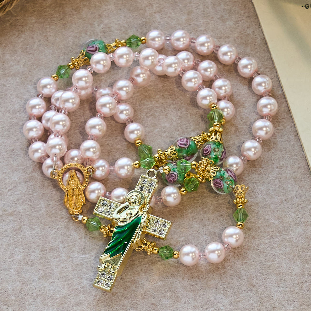 Christianartworkshop Rosenkranz „Himmlisch rosa Perlen“ zur Andacht über den Heiligen Judas mit floralen Perlen der heiligen Gnade - image 4