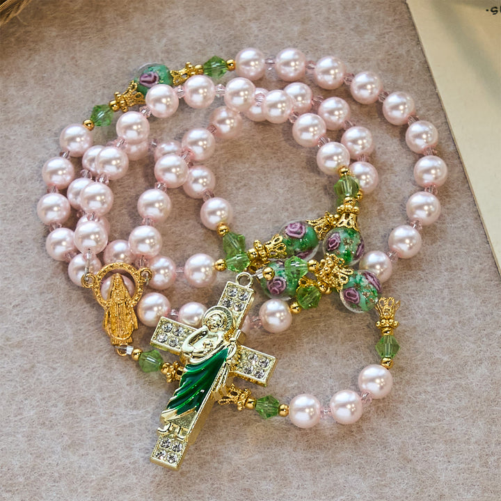 Christianartworkshop Rosenkranz „Himmlisch rosa Perlen“ zur Andacht über den Heiligen Judas mit floralen Perlen der heiligen Gnade - image 4