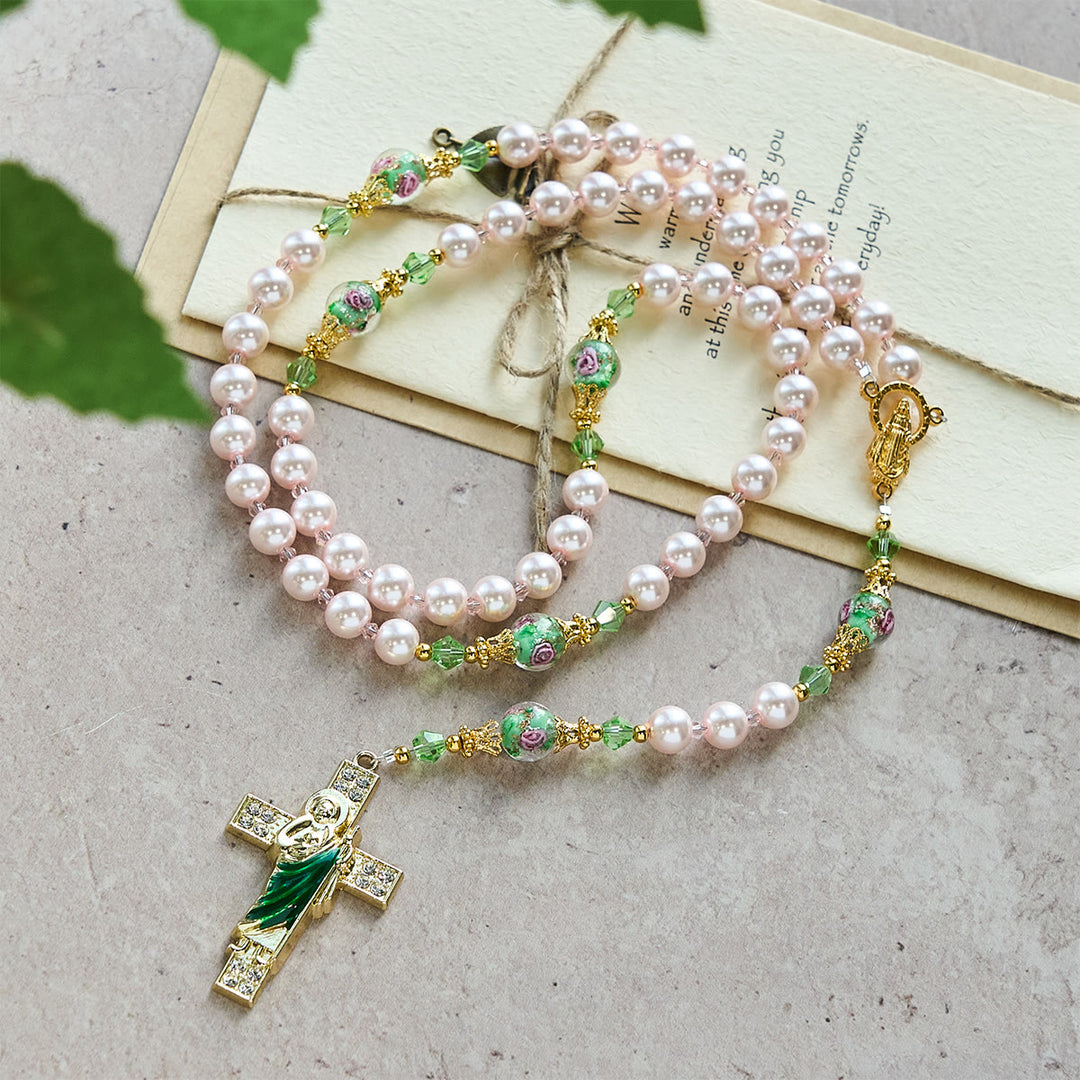 Christianartworkshop Rosenkranz „Himmlisch rosa Perlen“ zur Andacht über den Heiligen Judas mit floralen Perlen der heiligen Gnade - Unsere Liebe Frau und der heilige Judas - image 0