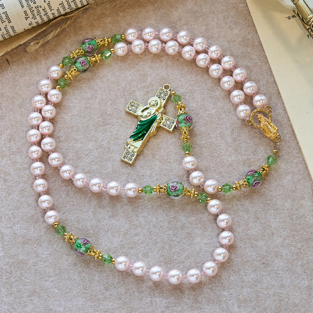 Christianartworkshop Rosenkranz „Himmlisch rosa Perlen“ zur Andacht über den Heiligen Judas mit floralen Perlen der heiligen Gnade - image 2