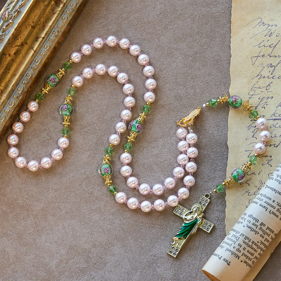 Christianartworkshop Rosenkranz „Himmlisch rosa Perlen“ zur Andacht über den Heiligen Judas mit floralen Perlen der heiligen Gnade - image 5