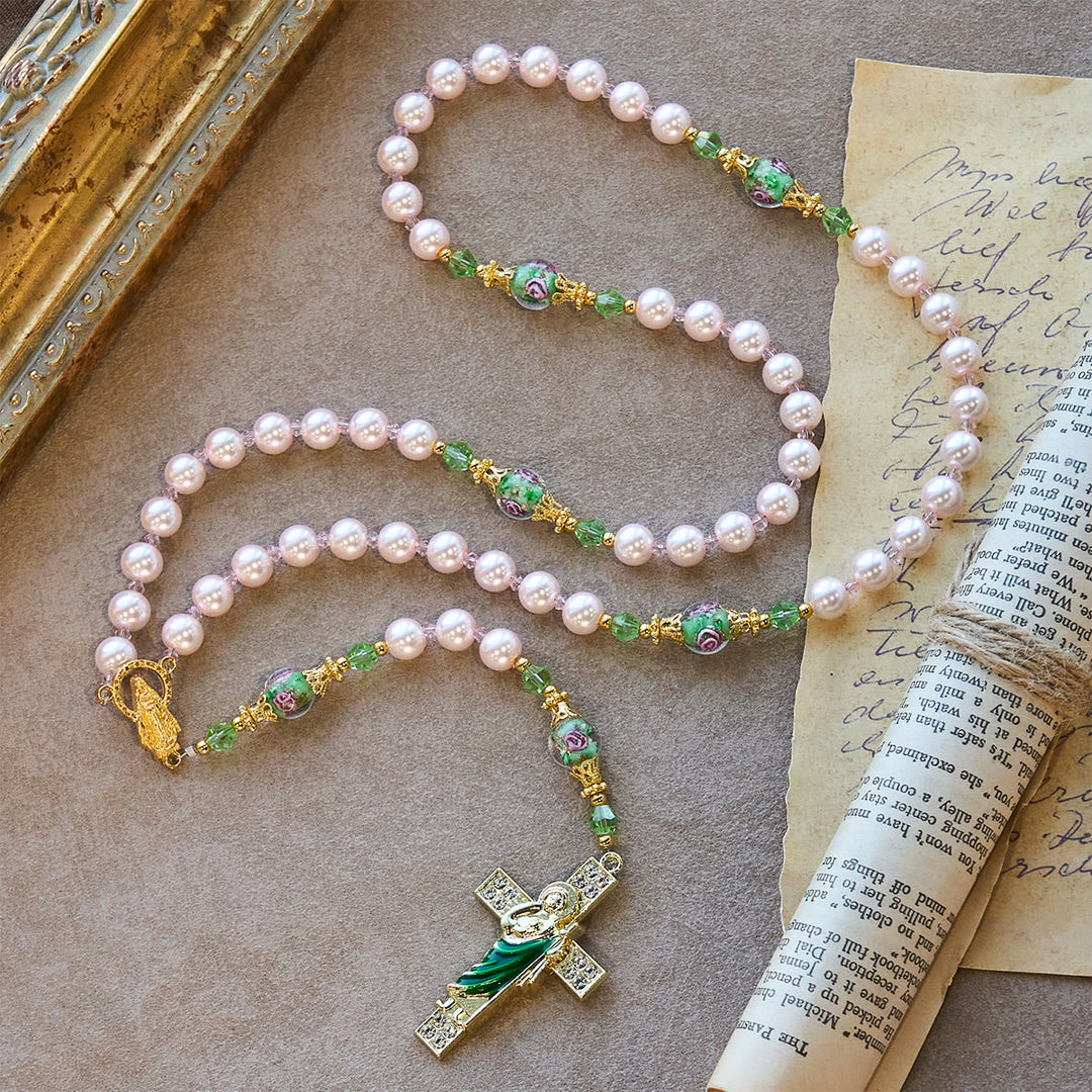 Christianartworkshop Rosenkranz „Himmlisch rosa Perlen“ zur Andacht über den Heiligen Judas mit floralen Perlen der heiligen Gnade - image 6