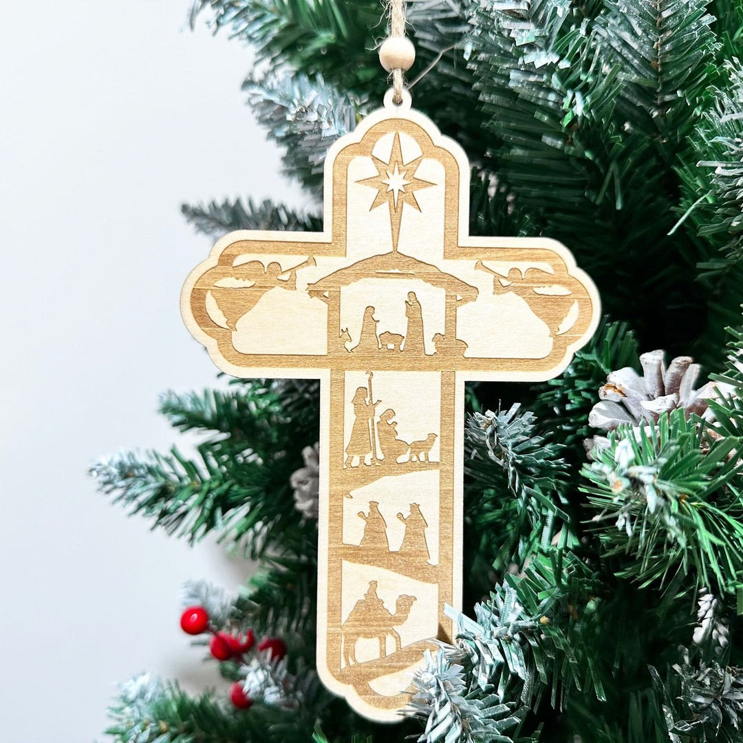 Christliche Kunstwerkstatt: Krippen-Weihnachtskreuz-Ornament „Leitstern“: Taktile Glaubenserinnerung für Weihnachtsbäume - Kreuzen - image 0