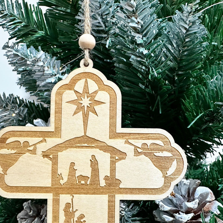 Christliche Kunstwerkstatt: Krippen-Weihnachtskreuz-Ornament „Leitstern“: Taktile Glaubenserinnerung für Weihnachtsbäume - image 1