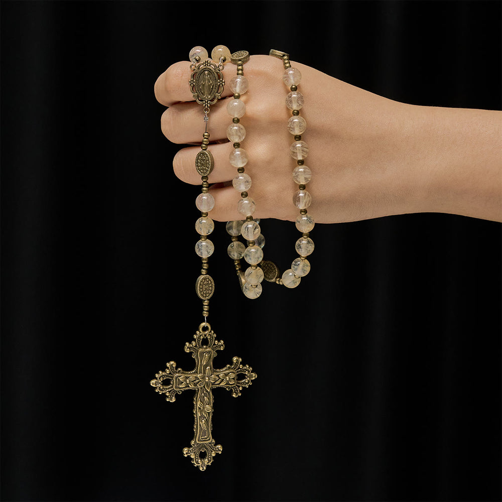 Christianartworkshop Rosenkranz im Vintage-Stil mit bernsteinfarbenen Glasperlen: Wundermedaille & verziertes Kreuz - image 1