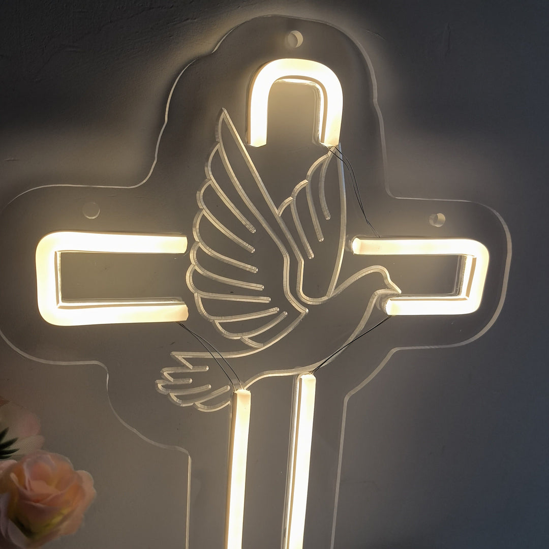Leuchtendes Kreuz mit Taube (Neon-Dekoration) von Christianartworkshop: Symbol der göttlichen Gnade für die Inneneinrichtung - image 5