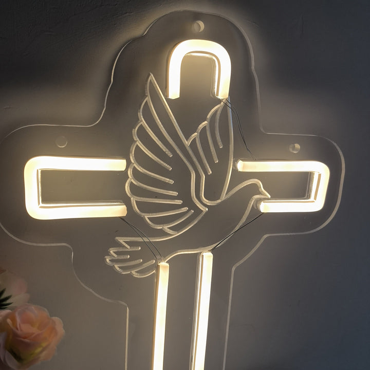 Leuchtendes Kreuz mit Taube (Neon-Dekoration) von Christianartworkshop: Symbol der göttlichen Gnade für die Inneneinrichtung - image 5