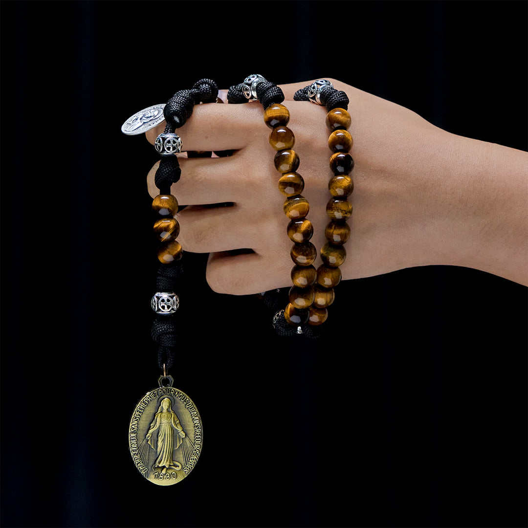 Christianartworkshop Rosenkranz „Unsere Liebe Frau im Mittelpunkt“ aus Paracord: Tigeraugenperlen & Zeitlose Medaille „Gnade“ - Tigeraugenstein - image 0