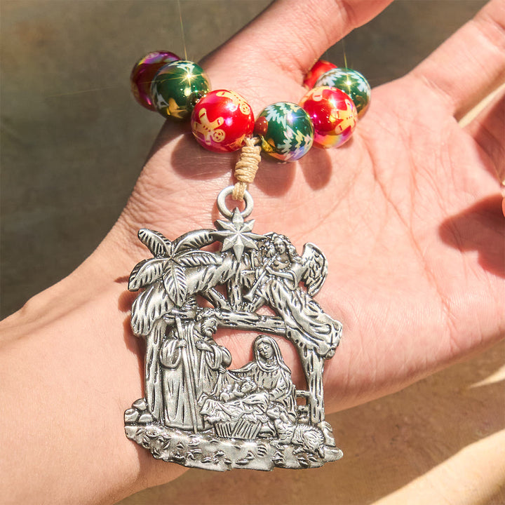 Christianartworkshop 3-teiliger Weihnachtsrosenkranz mit Krippenmotiv: Weihnachtliche Glitzerperlen & einzigartige Anhänger mit Geburtsszene - Geburtsmedaille - C - image 3