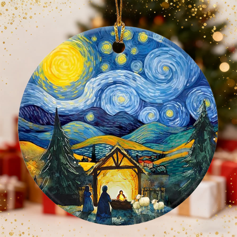 Christliche Kunstwerkstatt: Sternennacht-Krippenornament: Eine Erinnerung an Glauben und künstlerische Wärme für den Weihnachtsbaum - Acryl - image 0