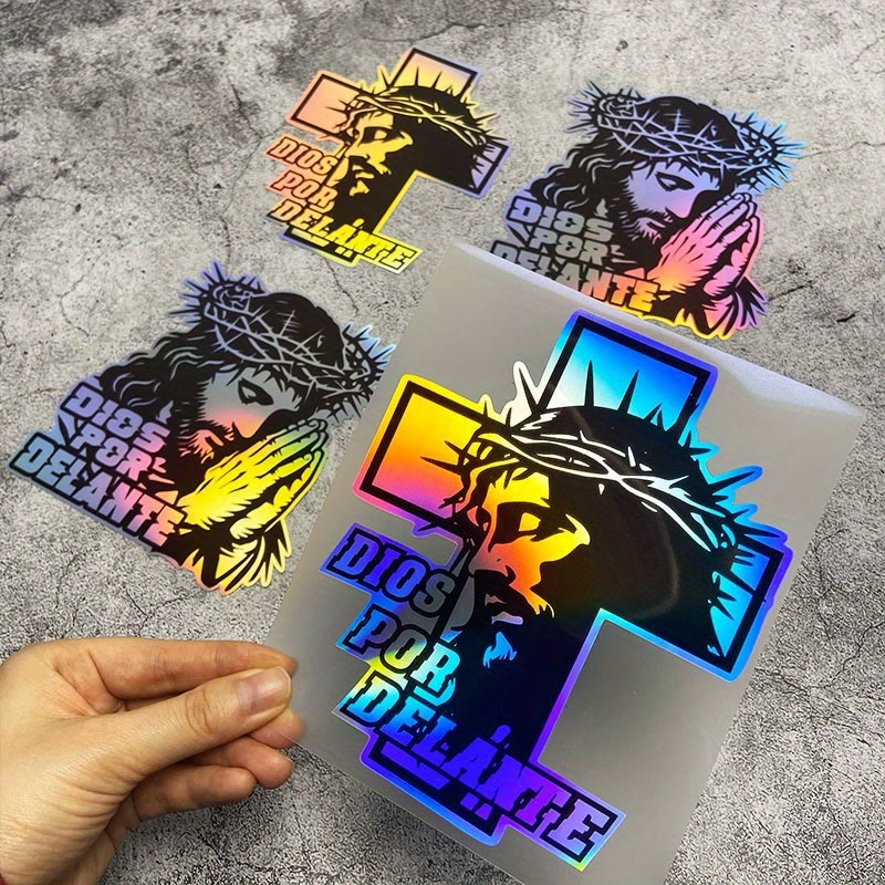 Holografischer Autoaufkleber „Andacht“ von Christianartworkshop: Erinnerung an Glauben und Lebendigkeit für den Alltag - Jesus Kreuz - image 1