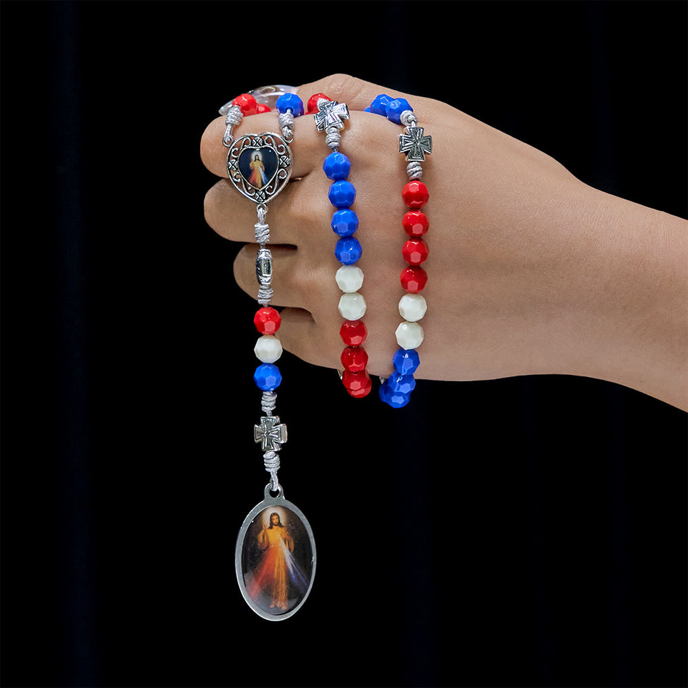 Christianartworkshop Patriotischer dreifarbiger Andachtsrosenkranz mit der Heiligen Medaille Unserer Lieben Frau und der Göttlichen Barmherzigkeit - image 1