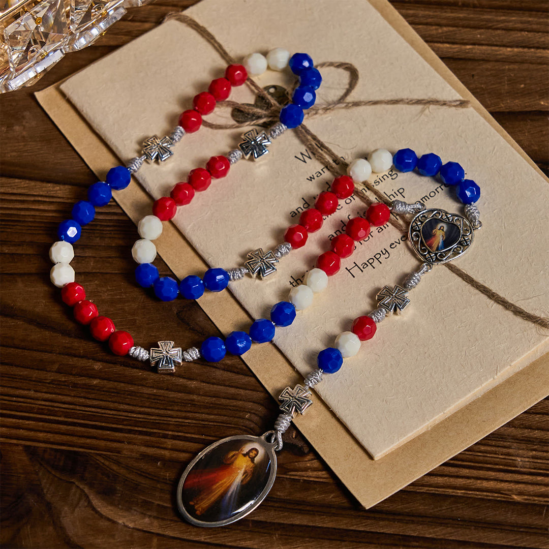 Christianartworkshop Patriotischer dreifarbiger Andachtsrosenkranz mit der Heiligen Medaille Unserer Lieben Frau und der Göttlichen Barmherzigkeit - image 2