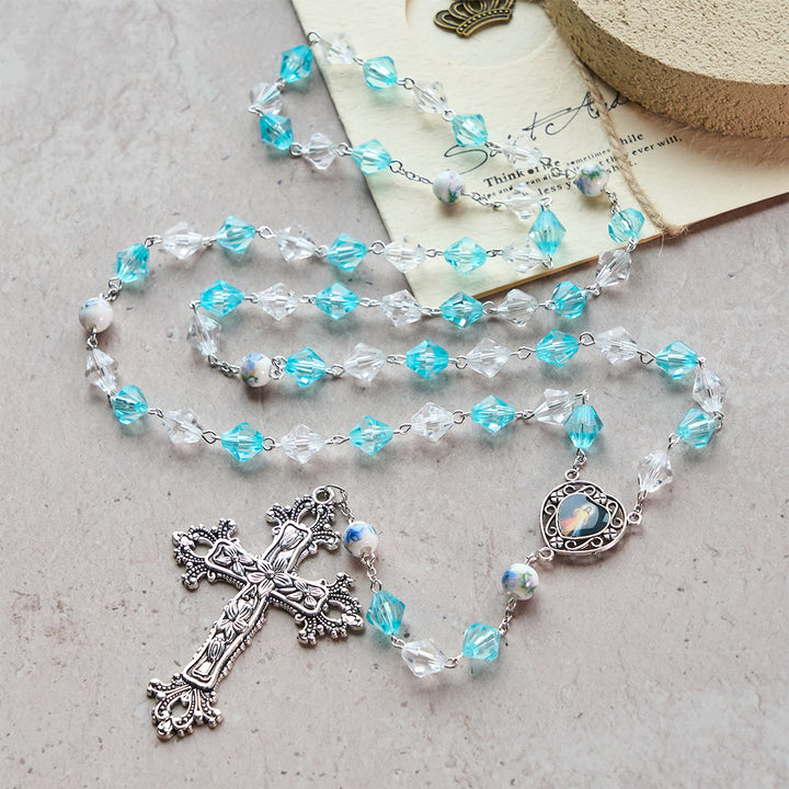 Christianartworkshop Gesegneter Rosenkranz in Aquamarin und Weiß mit Herzanhänger Unserer Lieben Frau: Verschmelzung von Licht und Glauben - image 4