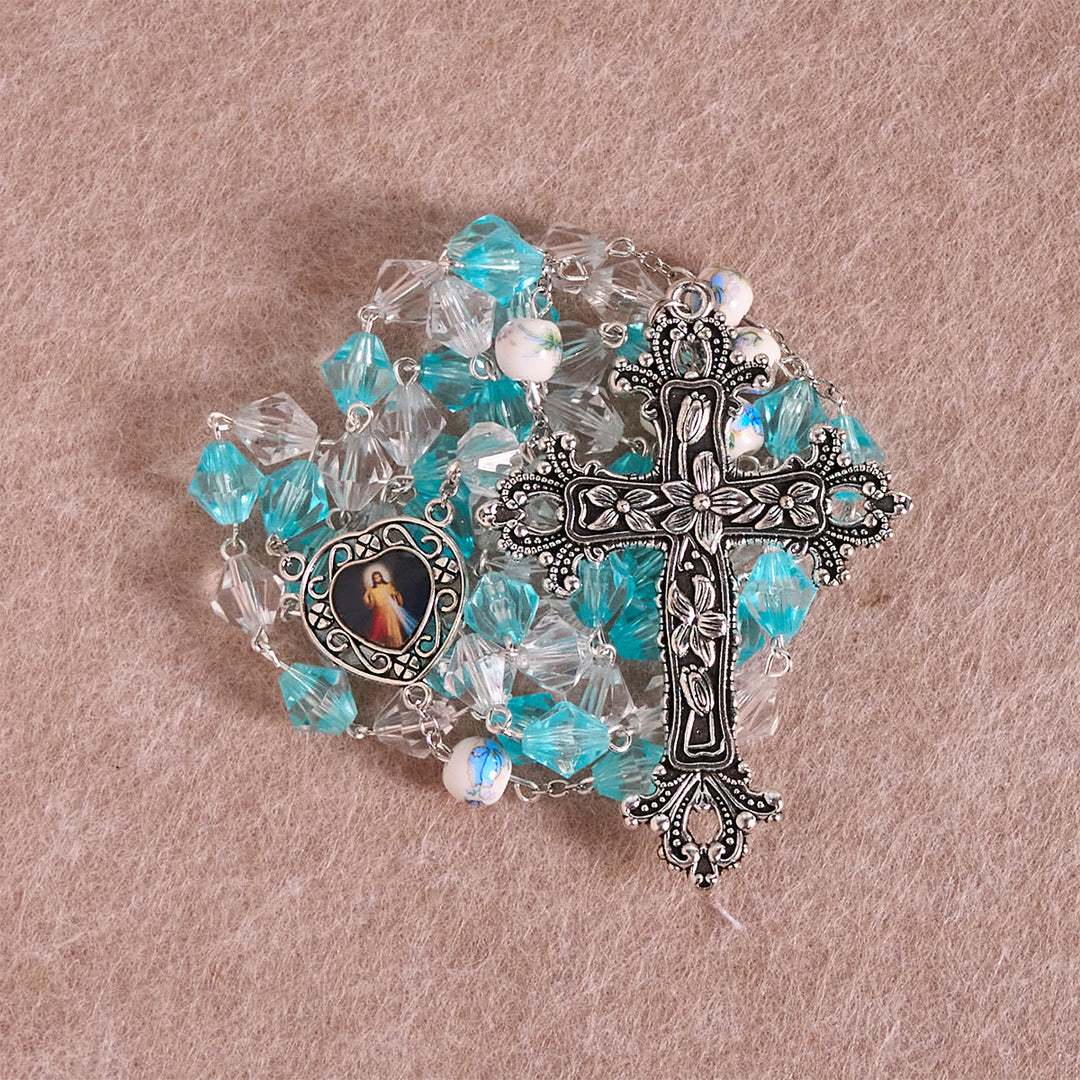 Christianartworkshop Gesegneter Rosenkranz in Aquamarin und Weiß mit Herzanhänger Unserer Lieben Frau: Verschmelzung von Licht und Glauben - image 3