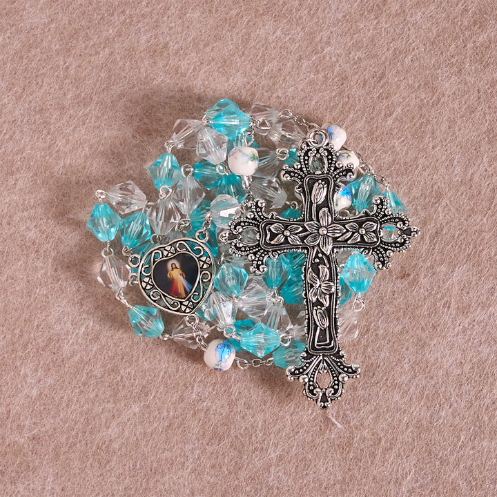 Christianartworkshop Gesegneter Rosenkranz in Aquamarin und Weiß mit Herzanhänger Unserer Lieben Frau: Verschmelzung von Licht und Glauben - image 3
