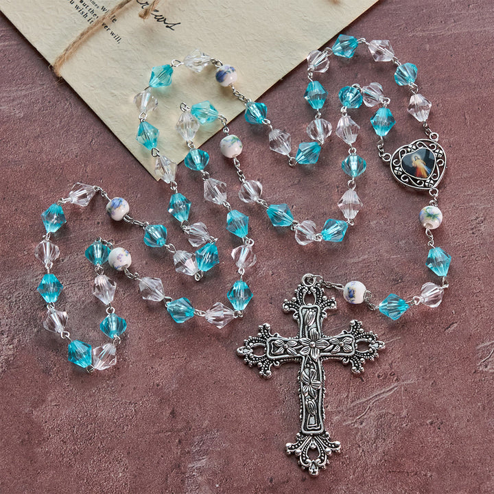 Christianartworkshop Gesegneter Rosenkranz in Aquamarin und Weiß mit Herzanhänger Unserer Lieben Frau: Verschmelzung von Licht und Glauben - Türkis & Weiß - image 0