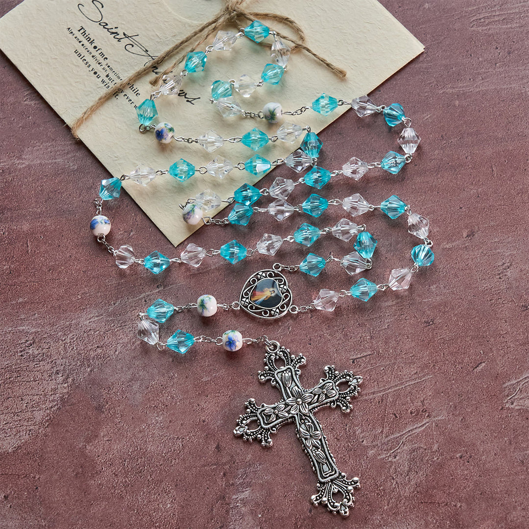 Christianartworkshop Gesegneter Rosenkranz in Aquamarin und Weiß mit Herzanhänger Unserer Lieben Frau: Verschmelzung von Licht und Glauben - image 2
