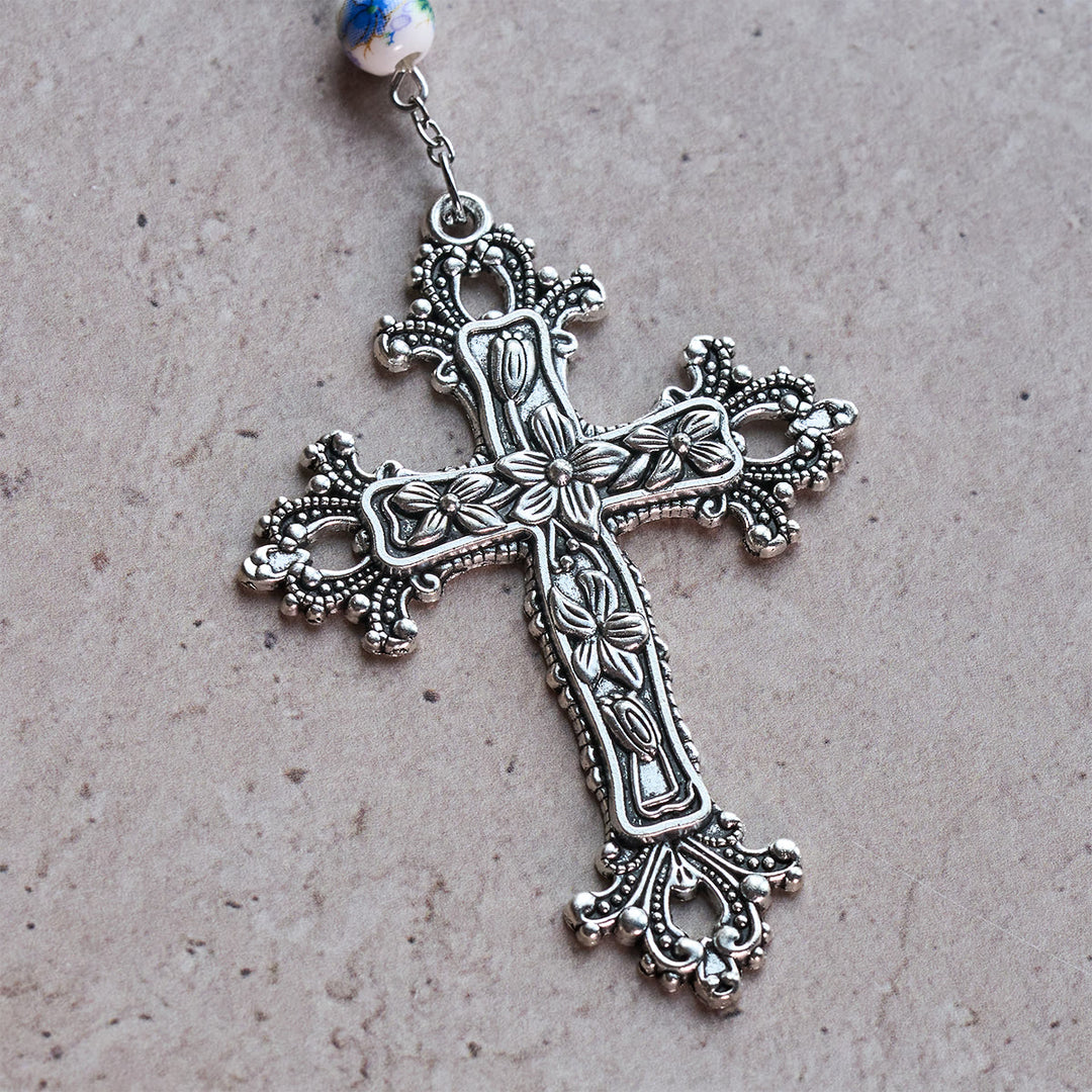 Christianartworkshop Gesegneter Rosenkranz in Aquamarin und Weiß mit Herzanhänger Unserer Lieben Frau: Verschmelzung von Licht und Glauben - image 7