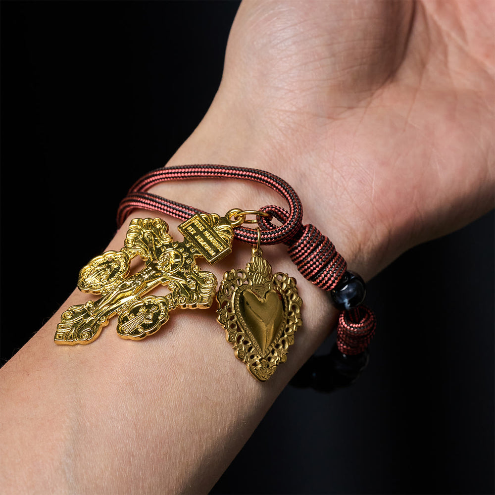 Christianartworkshop Tragbarer Rosenkranz für die Hosentasche: Schwarze Perlen, gewebte Kordel & heiliger vergoldeter Anhänger - image 1