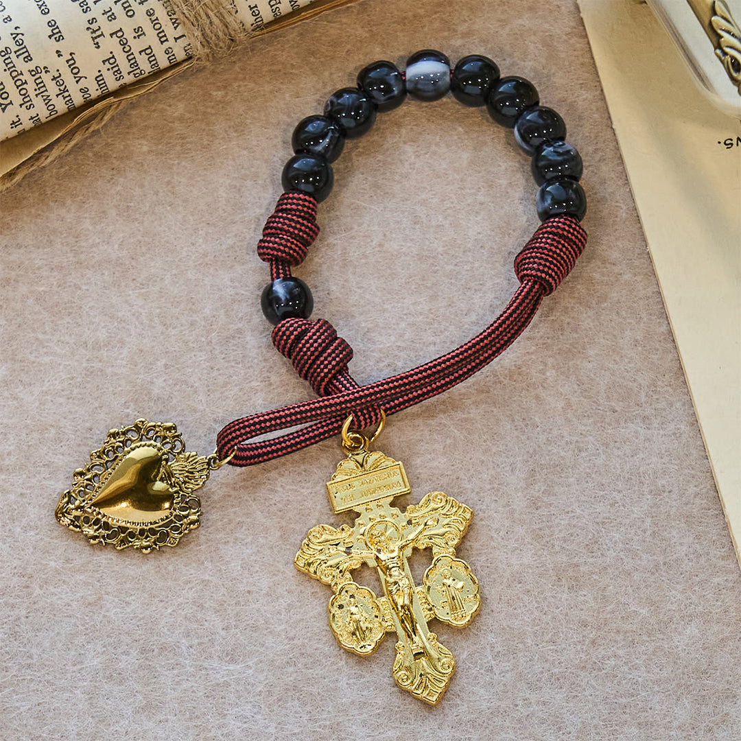 Christianartworkshop Tragbarer Rosenkranz für die Hosentasche: Schwarze Perlen, gewebte Kordel & heiliger vergoldeter Anhänger - Taschenrosenkranz - image 0