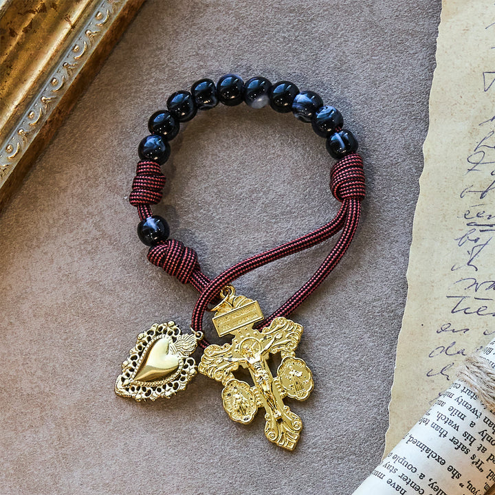 Christianartworkshop Tragbarer Rosenkranz für die Hosentasche: Schwarze Perlen, gewebte Kordel & heiliger vergoldeter Anhänger - image 3