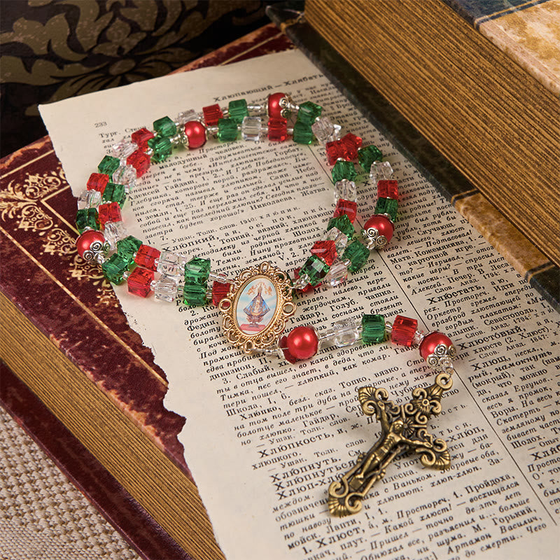 Christianartworkshop Rosenkranz „Unsere Liebe Frau von Guadalupe & Kruzifix“ aus 8 mm dreifarbigen Perlen, handgefertigt - Unsere Liebe Frau von Guadalupe und das Kruzifix - image 0