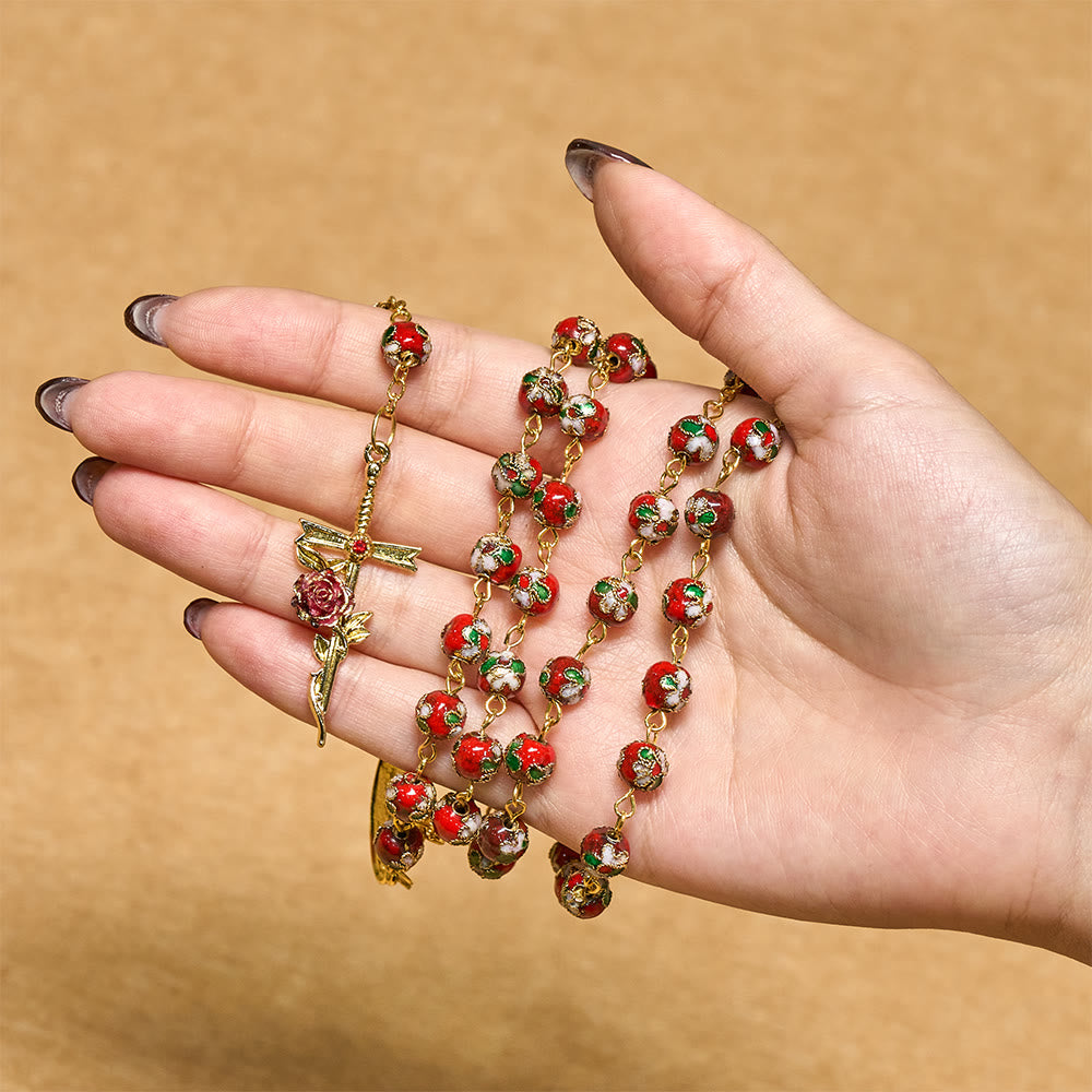 Vintage-Rosenkranz aus Emaille von Christianartworkshop: Rot-grüne Perlen und goldener Herzanhänger mit Marienmotiv - image 1