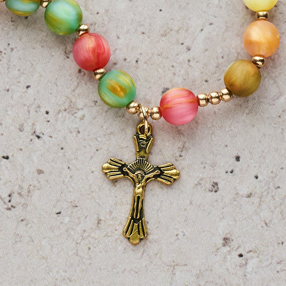 Christianartworkshop Regenbogen-Rosenkranz-Armband „Leuchtender Glaube“: Bunte Perlen und die heilige goldene Jungfrau Maria - image 6