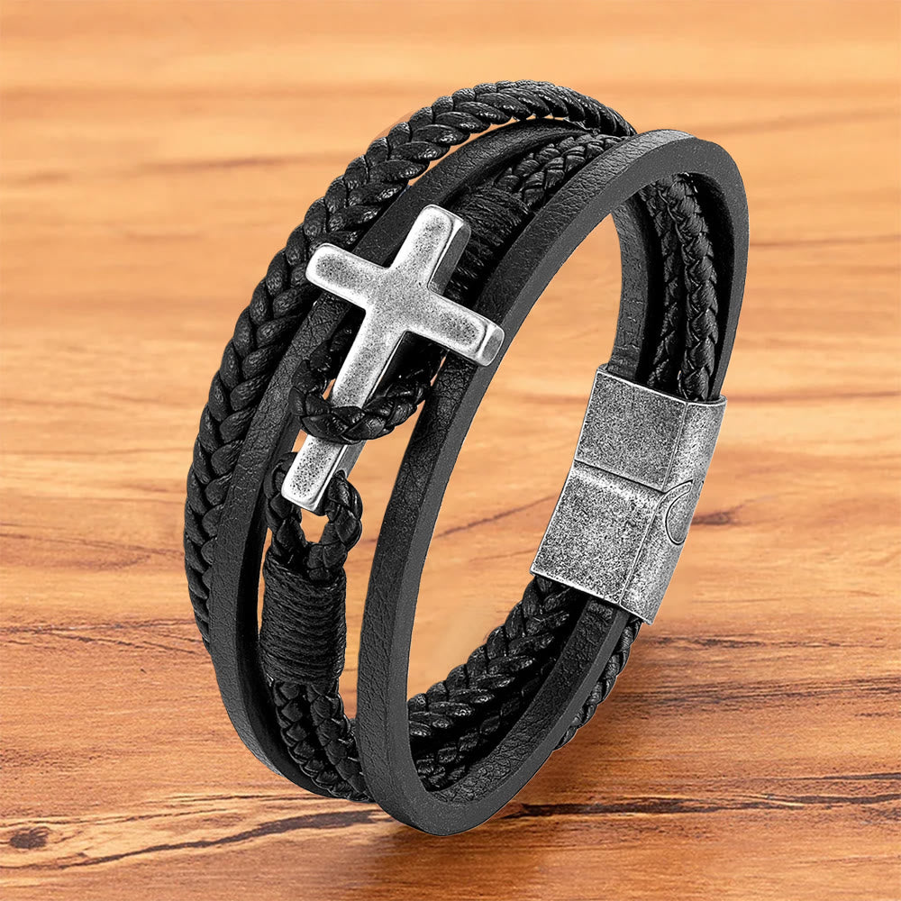 Christianartworkshop Dreifarbiges Edelstahl-Kreuz & geflochtenes Lederarmband - Retro Cross #Schwarz - 23 cm - image 20