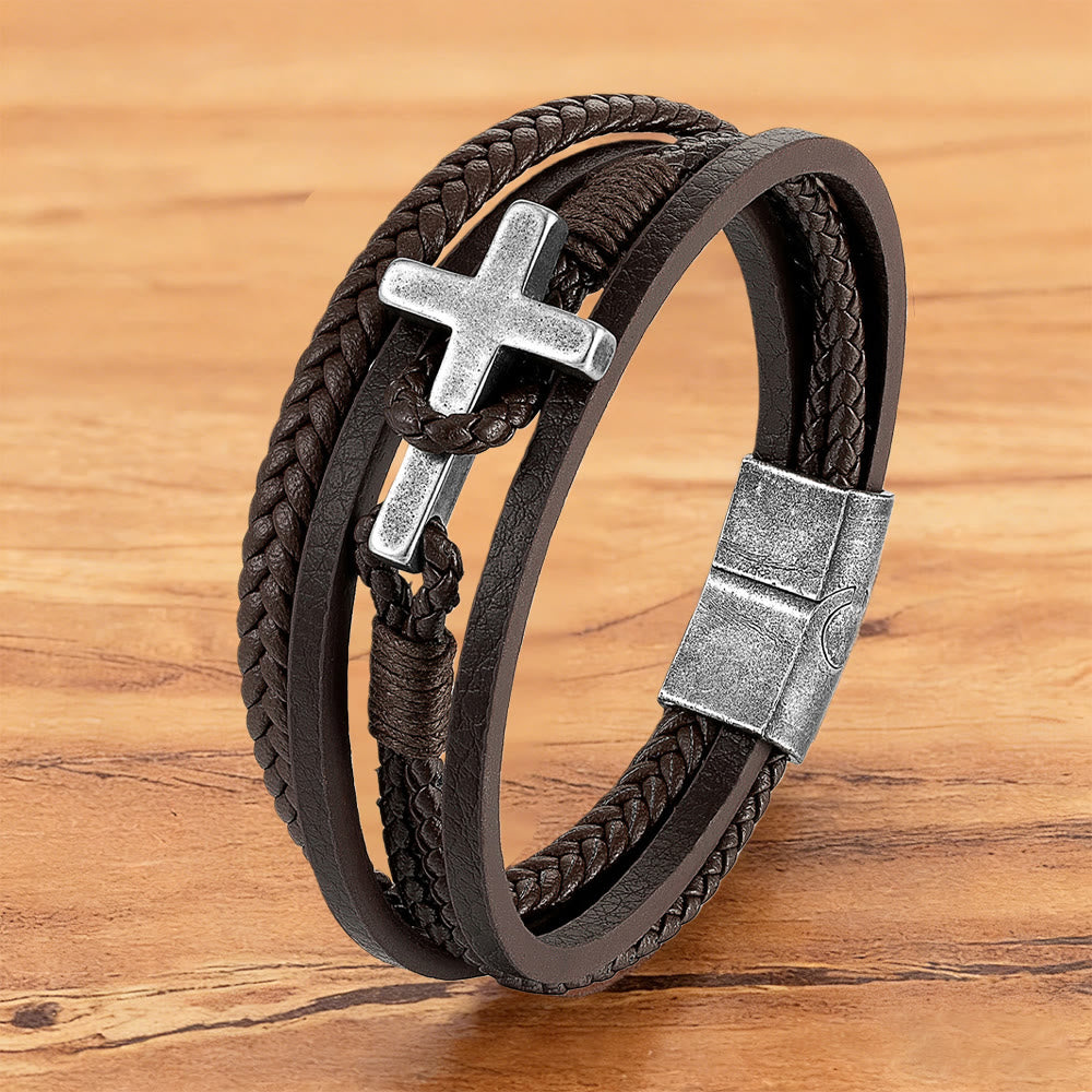 Christianartworkshop Dreifarbiges Edelstahl-Kreuz & geflochtenes Lederarmband - Retro Cross #Braun - 23 cm - image 26