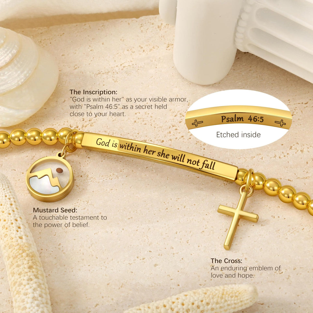 Christianartworkshop Senfkorn- und Goldperlen-Kreuzarmband mit Geschenkkarte „Gott ist in ihr“ - image 3