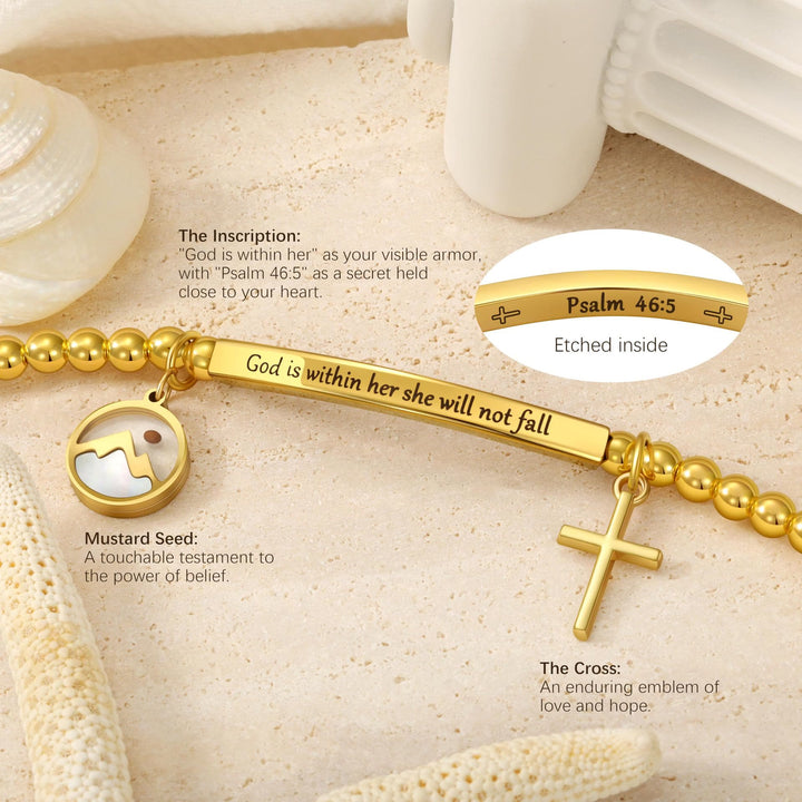 Christianartworkshop Senfkorn- und Goldperlen-Kreuzarmband mit Geschenkkarte „Gott ist in ihr“ - image 3