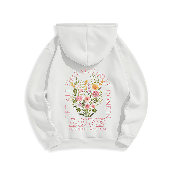 Christianartworkshop „Liebe alles“ – Kapuzenpullover mit Blumenmuster und Fleece-Futter aus Polyester - image 13