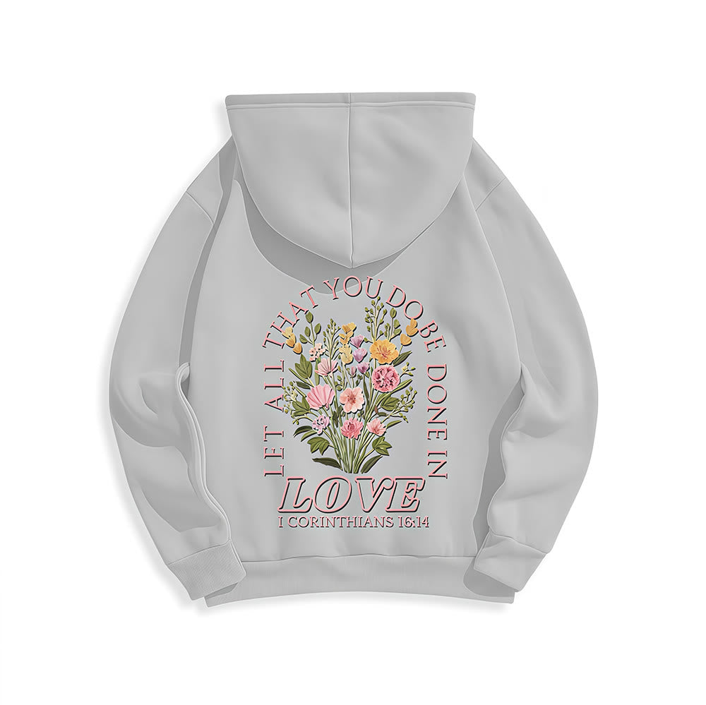 Christianartworkshop „Liebe alles“ – Kapuzenpullover mit Blumenmuster und Fleece-Futter aus Polyester - image 16